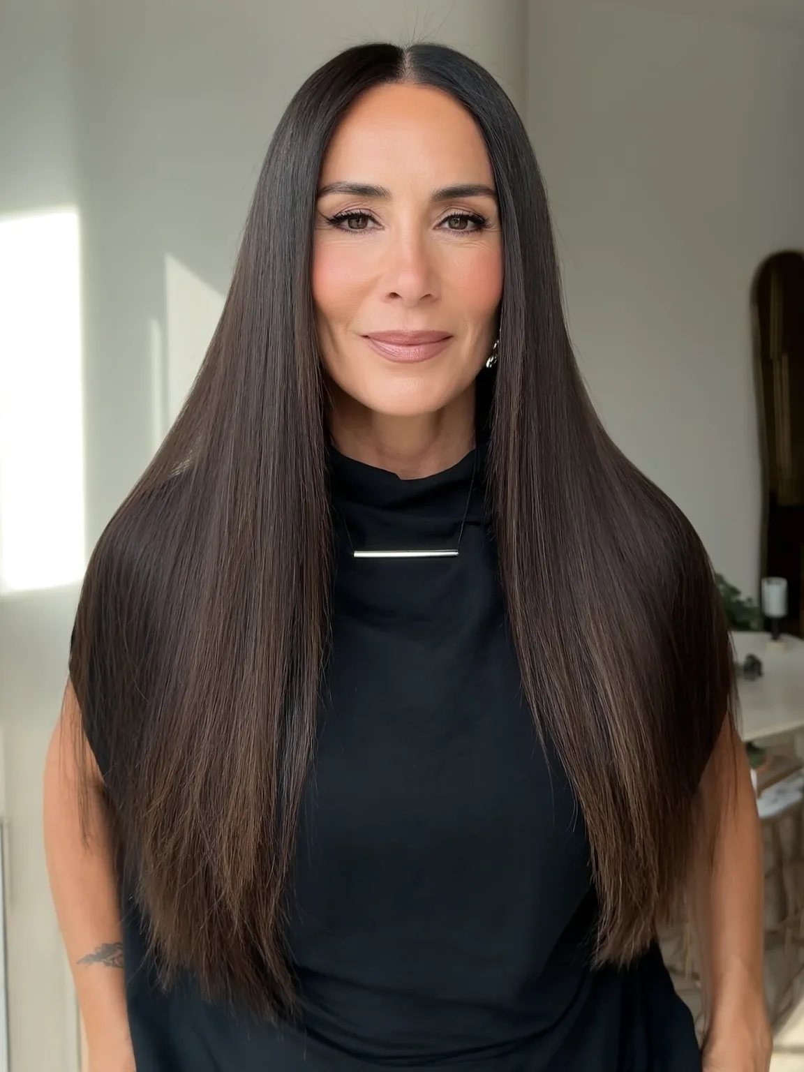 Blunt Cut Long Straight Hair in Espresso Brown